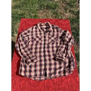 cb Women's Button-Up Shirt Size 2X Blue Red Multicolor Plaid Long-Sleeves Cotton